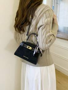 Mini Fashionable Versatile Color Block Matte Casual Handbag For Women, Comes With Scarf - Black - View 2