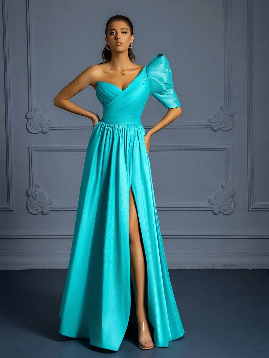VIPGIRL High-End Retro Waist-Cinching Slimming V-Neck Puff Sleeve Green Evening Gown - Green - View 1