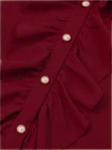 Áo kiểu nữ thanh lịch tay dài cổ đứng cài cúc phía trước, bèo nhún, chất liệu polyester, thích hợp cho mùa xuân. - Màu Đỏ Sâu - Xem 3