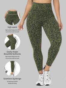 Women's High Waisted Yoga Sports Leggings, Fashionable Women's Sports Leggings, Sports Pants. Back Waist Pocket Design, Sporty Tie Dye High Waisted Sports Leggings, Suitable For Yoga Women's Pants - 軍綠色 - 查看 7