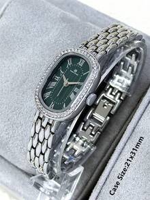 1件 Pablo Raez 女士银色腕表，绿色，原创迷人腕表，椭圆形奢华不锈钢配件，镶嵌水钻，金属钢表带，不褪色金色，优雅腕表，新款复古女孩派对设计石英表 - 均碼 - 查看 3