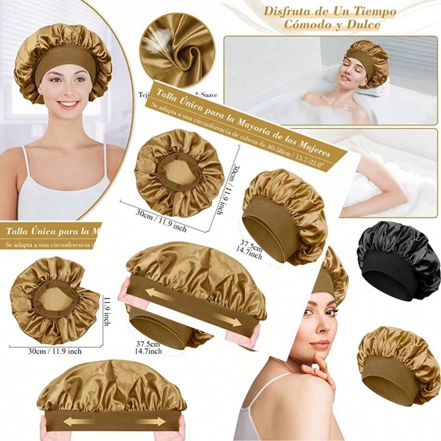 New DASKING 2 Piezas Gorro Satén para Pelo Rizado Ajustable con Banda Ancha Elástica para Dormir - para Mujeres y Niñas Negro Oro - como en la foto - Ver 1
