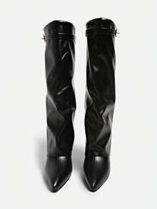 Botas altas con pliegues al muslo para mujer, estilo europeo y americano, tacón grueso, versátiles para otoño/invierno - Negro - Ver 4