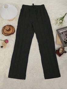 Casual Versatile Elastic Drawstring High Waist Slit Detail Pants - Black - View 2