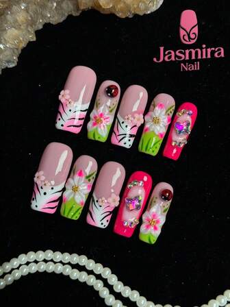 10 Pcs Set Of Handmade Press-On Nail Tips, Medium-Length Christmas Nails, Y2K Press-On Square Nails, Pink Nails, Hand-Carved Beetle Designs, Nail Gems Embellishments, Hand-Painted Spring Garden, Suitable For Diy Cute Nails For Women And Girls At Home, Parties, Birthdays, And Various Holiday Occasions.