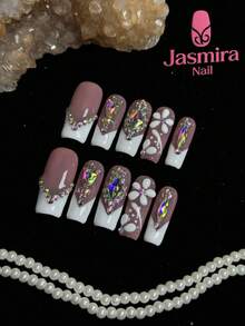 10 Pcs Set Of Purely Handmade Press-On Nail Tips, Mid-Length Charming Nails, Y2K Press-On Square Nails, Pink Nails, White Nails, Classic French Style, Handcrafted Floral Carvings, Nail Gem Embellishments, Suitable For Women And Girls For Diy Cute Nails At Home, Parties, Birthdays, And Various Festive Occasions. - Nhiều màu - Xem 3