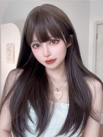 1 Piece Black Heat-Resistant Straight Hair Wig, Full Head Wig, With Bangs, 24 Inches Long, Fully Machine Braided, Natural And Realistic, Suitable For Everyday Wear, Holiday Party Costumes, Date Costumes, Evening Party Costumes, Wig, Hair Extension (Accessories Not Included).