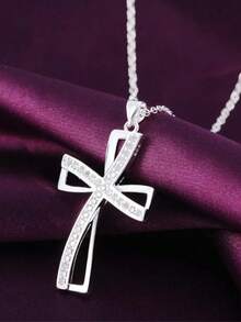 925纯银十字架项链，镶嵌立方氧化锆吊坠，适合日常佩戴和送礼。 - 白色 - 查看 7