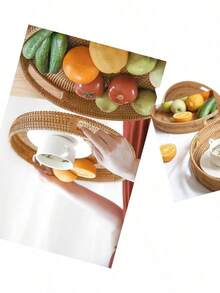 HITOMEN 11.8" Hand-Woven Round Rattan Serving Tray Decorative Wicker Trays With Handles For Coffee Table (Natural-M) - Natural - View 2