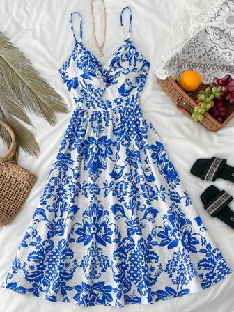 Vestido midi de estilo vacacional para mujer, con estampado floral retro, diseño sin espalda y calado, para primavera/verano