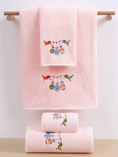 3件套珊瑚绒刺绣毛巾套装，玫瑰花图案，浴室毛巾/浴巾，田园浪漫风格，花卉元素，吸水性强，柔软蕾丝洗脸巾或浴巾，温馨家居浴室装饰，情人节礼物，适用于浴室、酒店、健身房、旅行、沙龙、运动、户外、海滩、学校、返校季、旅行配件、家居必备、毛巾、护肤