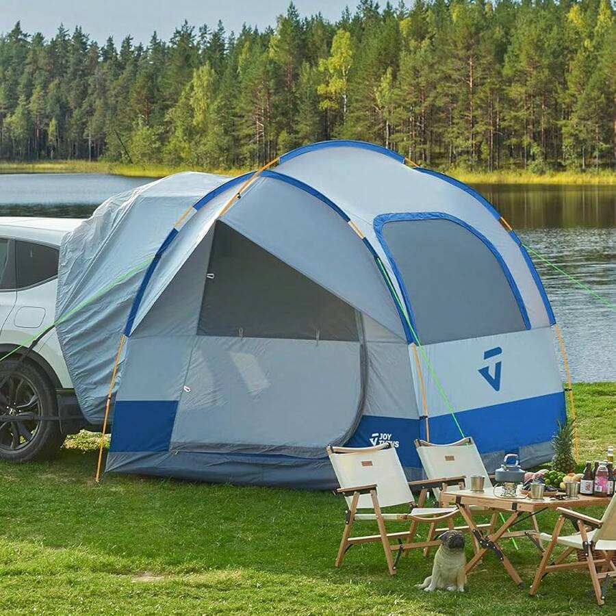 SUV Tent For Camping With Rainfly, Double Door Design Car Tent With Aluminum Poles, SUV Tailgate Tent With Waterproof PU2000mm Double Layer For 4-8 Person, Blue - 灰橙色 - 查看 1