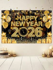 1pc Happy New Year Theme Background Banner, Black & Gold Clock, Fireworks, Balloon, Gift Style Polyester Hanging Flag, Suitable For 2026 New Year Party Celebration Background, Home Room Decor, New Year Party Wall Backdrop, New Year Gift, Garden Yard Decor Flag, Hanging Decoration, Party Photo Prop, 2026 New Year Decor, Party Favor - Black Gold New Year - View 7