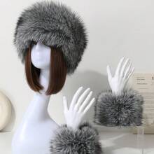 一套女士纯色毛绒渔夫帽，包含臂套、腕套、保暖防风护耳帽、针织帽，可爱休闲优雅复古街头风百搭宽松针织帽，适合户外、滑雪、骑行、旅行、派对、日常佩戴，情人节礼物 - 米色 - 查看 5