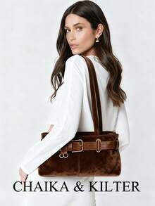CHAIKA & KILTER 1pc Solid Color Suede-Like Fabric With PU Leather Shoulder Bag, Women's Vintage Fashion Hobo Bag With Strap Decor, Zipper Closure, Dual Handles, Suitable For Daily Use , Office Bag - Coffee - View 3