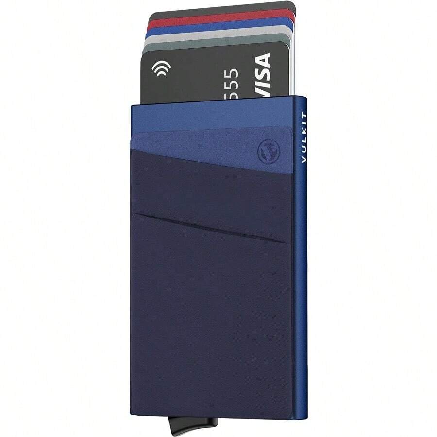 VULKIT Card Holder with Money Pocket Pop Up Wallet RFID Blocking Slim Metal Bank Card Case Holds 5 Cards and Notes - VC104Navy - Ver 1