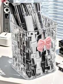 1pc Acrylic Desktop Pen Holder, 2 Color Options, 4.13*2.95*2.95 Inches, Transparent Acrylic Desktop Storage Box - Pen Holder And Storage Box, Suitable For Office And Dorm Daily Use. Luxury Rattan Pattern Desktop Storage Box, High-End Quality Storage Rack With Compartments, Can Store Lipstick And Cosmetics. - Multicolor - View 8