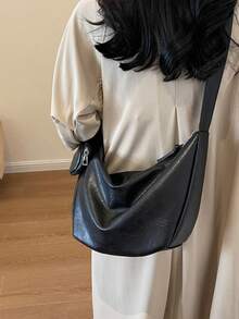 美拉德色时尚休闲女士单肩斜挎包，带零钱包，柔软PU皮革，适合日常通勤 - 黑色 - 查看 1