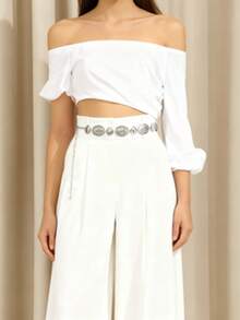 Middle Eastern Style Metal Carved Inlaid Waist Chain, Versatile White Waist Belt Chain For Skirts, Solid Color Casual Bohemian Retro Party Zinc Alloy, Spring/Summer/Autumn/Winter - 銀色 - 查看 2