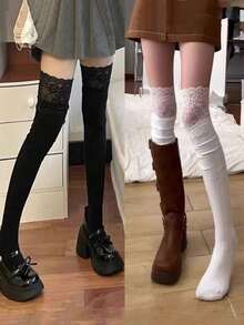 1pair Black & White Lace Trim Vertical Stripe Thigh High Socks, Japanese School Style, Y2k, Cozy