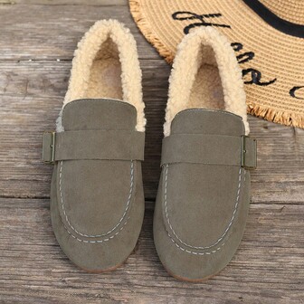 2024新款学院风搭扣保暖乐福鞋，女士复古透气驾车鞋，人造毛皮软皮鞋，休闲平底一脚蹬工作鞋