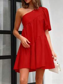 Women's Plain Ruffled Trim One Shoulder Casual Short Sleeve Shift Dress, Spring/Summer - Red - View 2