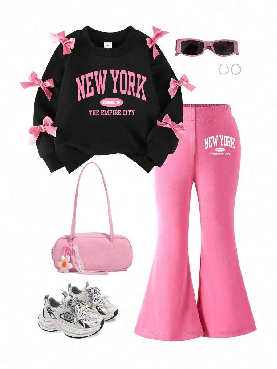 Young Women's Minimalist Fashion Pink Bow & Letter Print Black Top And Pink Pants Sports Suit, Autumn/Winter - Pink - View 1