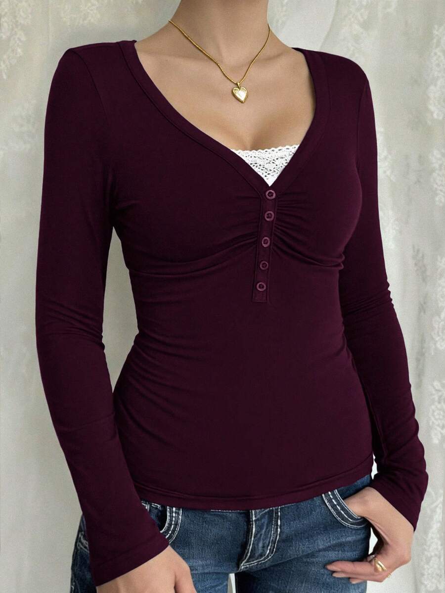 Áo thun nữ GAOVOT, phong cách Y2K mùa xuân/hè, thường ngày, gợi cảm, màu trơn, phối ren, tay dài, cổ chữ V, phù hợp cho việc đi làm. - màu tím đậm - Xem 1