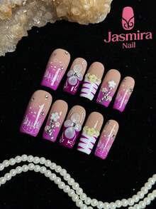 10 Pcs Set Of Pure Handmade Press-On Nail Stickers, Medium-Length Elegant Nails, Y2K Press-On Square Nails, Purple Nails, White Nails, Classic Gradient, Hand-Painted Lines, Handmade Carved Designs, Decorated With Nail Gems, Suitable For Women And Girls For Home Use, Parties, Birthdays, And Various Holiday Occasions, Diy Cute Nails - 彩色 - 查看 3