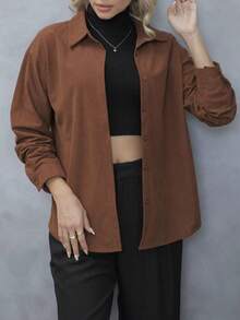 Koszula sztruksowa na wiosnę i jesień, nowa, jednokolorowa, wysokiej jakości, luźny krój, bluzka z długim rękawem - Brązowy - Zobacz 2