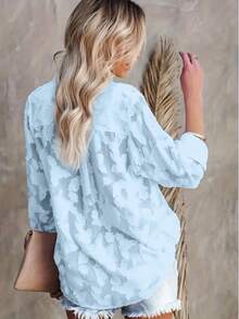 Plus Size Women Casual Vacation Jacquard Shirt, Loose Textured Blue Long Sleeve Blouse, Suitable For Back To School, Daily Wear, Vacation Travel, Autumn