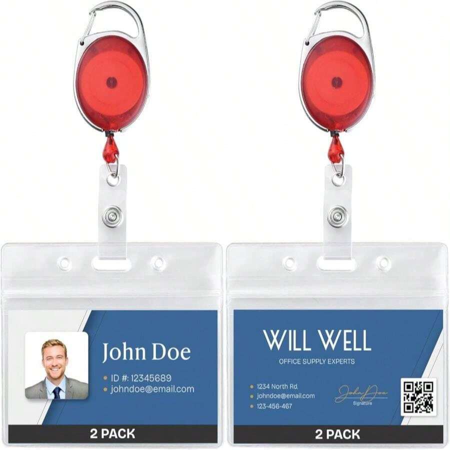 Will Well ID Badge Holders With Clip And Keyring - Vertical Clear Plastic 358" X 252" Sleeves Fit Up To 3 Cards - Retractable 24" UHMWPE Fiber Pull Cords For Easy Access - 5-Pack, Black Reels - ColorH - 查看 1