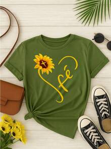 Women's T-Shirt Blouse 100% Cotton Faith – Sunflower, Comfortable And Printed Sizes S M L XL - 軍綠色 - 查看 1
