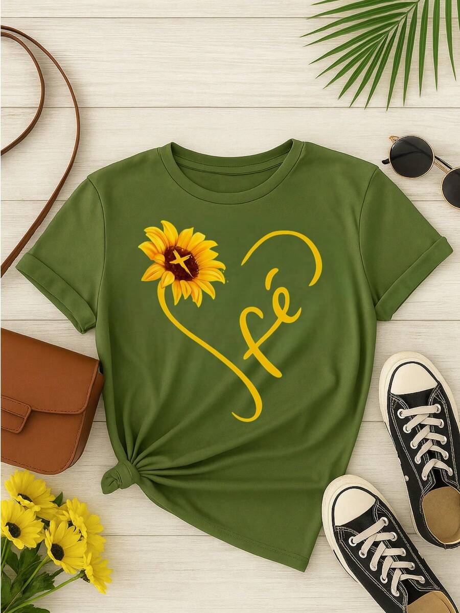 Women's T-Shirt Blouse 100% Cotton Faith – Sunflower, Comfortable And Printed Sizes S M L XL - 軍綠色 - 查看 1