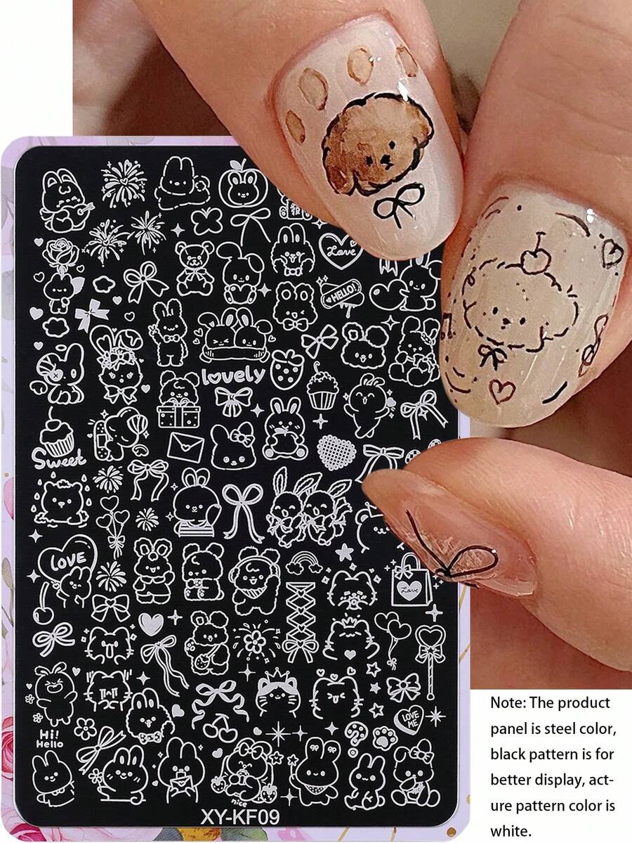1pc Rabbit, Cat, Dog Nail Art Stamping Plate, Cute Cartoon Animal Design Y2K Style Nail Art Stamping Template, Nail Art Accessories, DIY Nail Salon, Nail Art Supplies