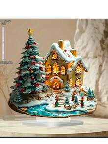 2 pezzi Villaggio natalizio in acrilico 2D con renne e capanna, decorazione da tavolo per le vacanze, decorazione natalizia da collezione, senza elettricità, adatta per casa e ufficio, decorazione da giardino esterno, stampa piatta 2D, senza piume