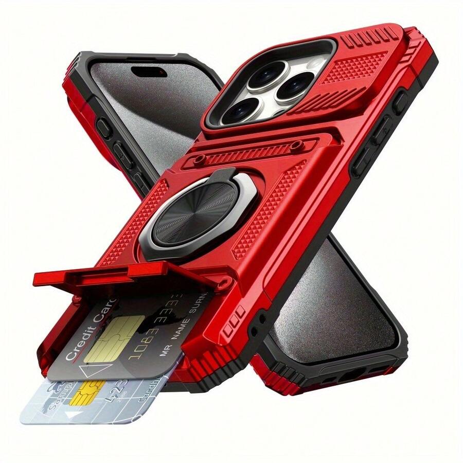 Fundas de teléfono duraderas con soporte metálico, ranura para tarjeta y compartimento oculto para tarjetas, compatibles con 17, 17 Air, 17 Pro y 17 Pro Max, 16/16 Pro/16 Plus/16 Pro Max/15/15 Pro/15 Plus/15 Pro Max/14/14 Plus/14 Pro/14 Pro Max/13/13 Pro/13 Pro Max. Cubierta dura de PU + interior de silicona suave, doble protección más resistente a caídas, con soporte giratorio de 360°, diseño aerodinámico, para entusiastas de la tecnología. - Rojo - Ver 1