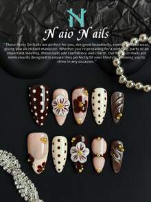 NAIO 10片/套 手工制作杏仁形Y2K酷炫风格美甲贴片，裸色、酒红色和棕色法式边饰，饰有3D雕刻花朵、珠子、芙蓉花和波点图案，适合派对、婚礼和日常佩戴。包含工具包，是送给女性和女孩的绝佳礼物。 - 彩色 - 查看 4