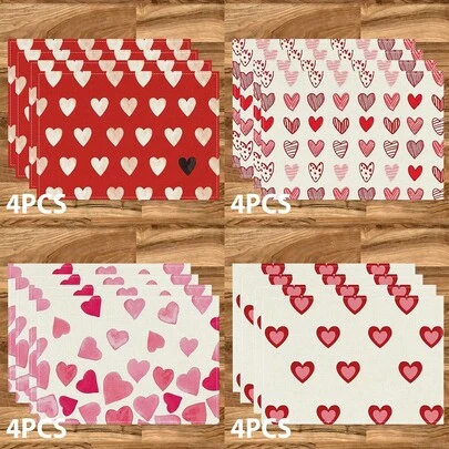 1/4/6/8 Piezas Set, Día de San Valentín, Manteles individuales de lino lavables con estampado de corazón rojo, Manteles protectores para mesa de interior/exterior, Adecuado para fiestas festivas, Cocina y Comedor