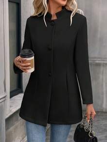 Women's Tailored Longline Blazer - Red, Button-Front, Stand Collar With Waist Definition, Warm Winter Outerwear For Christmas & New Year, Casual Festive Wear | Office-Ready & Holiday-Chic Design | Cozy Structured Coat, Seasonal Essential - 黑色 - 查看 3