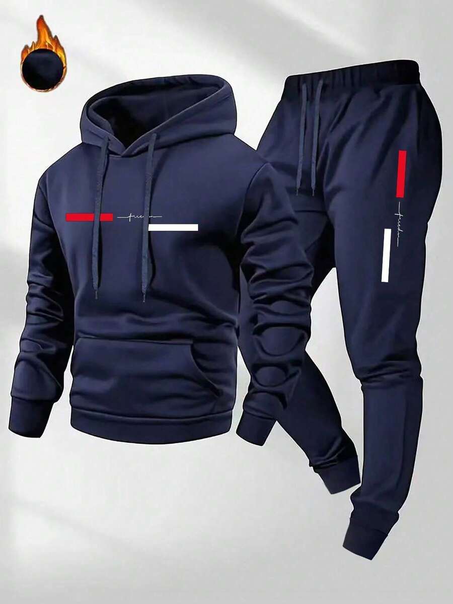 2pcs/Set Men's Casual Cartoon Paris Letter Drawstring Pocket Hoodie And Drawstring Sports Pants Suit Spring - Navy Blue - View 1