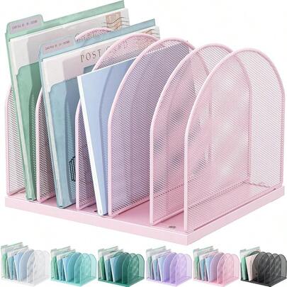 HAWTDesktop File Organizer Desk Organizer With 5 Compartments Paper Organizer For Desk Workspace Organizers For Office Supplies Pink