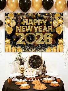 1pc Happy New Year Theme Background Banner, Black & Gold Clock, Fireworks, Balloon, Gift Style Polyester Hanging Flag, Suitable For 2026 New Year Party Celebration Background, Home Room Decor, New Year Party Wall Backdrop, New Year Gift, Garden Yard Decor Flag, Hanging Decoration, Party Photo Prop, 2026 New Year Decor, Party Favor - Black Gold New Year - View 4