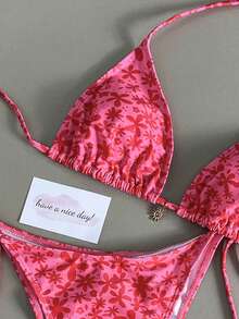 Bộ bikini 2 mảnh dễ thương, gợi cảm dành cho nữ mùa hè 2026, thiết kế hở lưng, buộc dây bên hông, thích hợp cho tiệc bể bơi, kỳ nghỉ biển và tắm nắng. - Hoa Nền Đỏ - Xem 4