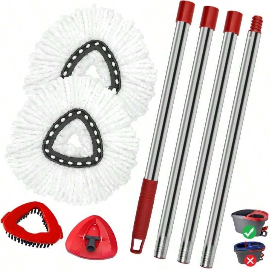 Mop Replace Heads Mop Handle And Mop Base Replacement For O Cedar EasyWring 1-Tank Spin Mop System, 2 Microfiber Mop Head Refills, 4-Section Iron Mop Handle 30-58in And 1 Mop Head Cover Set(No Bucket) - MàuD - Xem 1