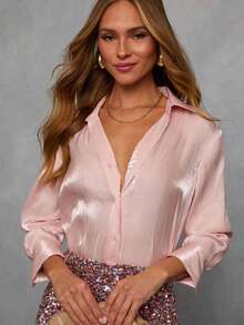 女士时尚纽扣衬衫，翻领长袖，优雅梭织衬衫 - 粉色 - 查看 10