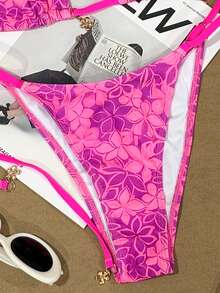 بكيني قطعتين مكون من ملابس علوية بحزام رقبة وسفلي بسحاب، بطبعات زهور باللون الوردي والبنفسجي، طراز شاطئ استوائي للعطلات - متعدد الألوان - مشاهدة 4