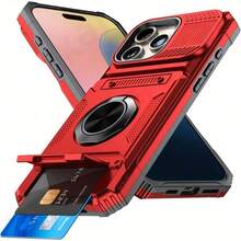 Fundas de teléfono duraderas con soporte metálico, ranura para tarjeta y compartimento oculto para tarjetas, compatibles con  17, 17 Air, 17 Pro y 17 Pro Max, 16/16 Pro/16 Plus/16 Pro Max/15/15 Pro/15 Plus/15 Pro Max/14/14 Plus/14 Pro/14 Pro Max/13/13 Pro/13 Pro Max. Cubierta dura de PU + interior de silicona suave, doble protección más resistente a caídas, con soporte giratorio de 360°, diseño aerodinámico, para entusiastas de la tecnología. - Rojo - Ver 2