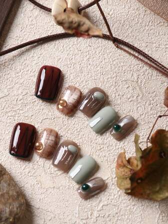 10片亚克力按压式美甲，棕色、黄色、蓝色可选，短款假指甲，人造指甲套装，包含1张粘合贴片和1个迷你指甲锉。