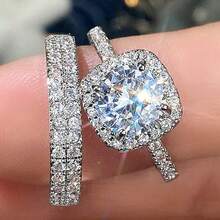 2Pcs Women's Fashion Noble Zirconia Wedding Ring Set Wedding Band Anniversary Gift Party Valentine's Day Engagement Women Jewelry Size 4-11# - Silver - View 5
